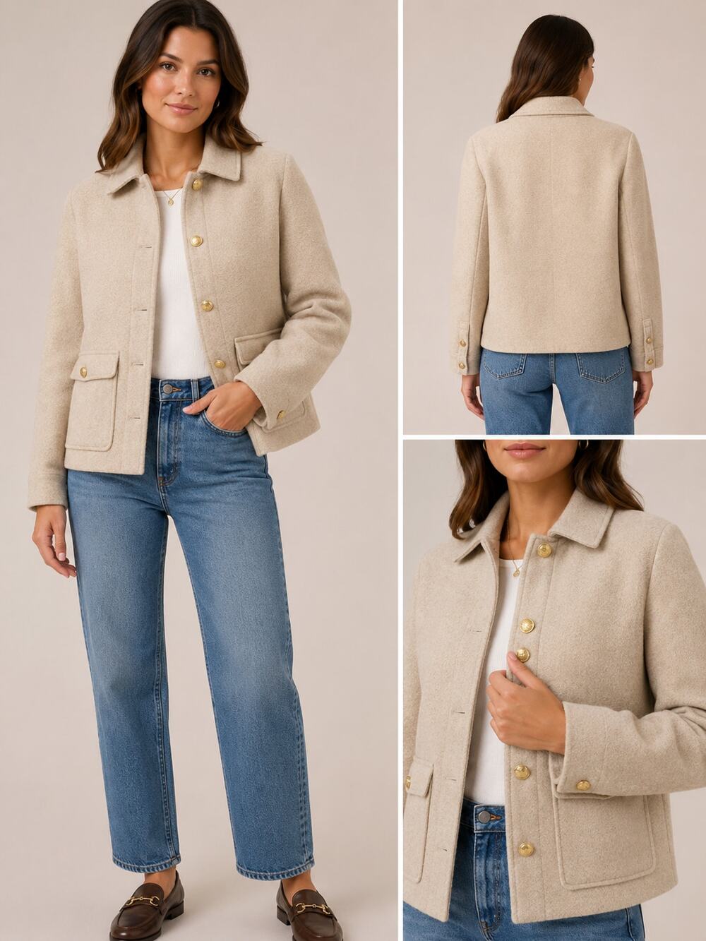 J.Crew Wool Blend Jacket Cream Gold Button Utility Size Small